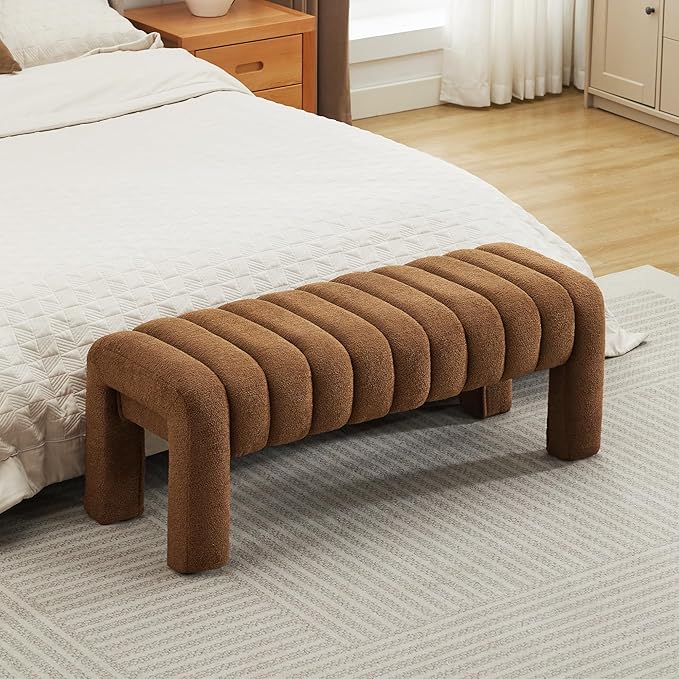 43" Upholstered Boucle Bench Bedroom, Padded Ottoman Bench, Sherpa Window Seat for Living Room Entryway End of Bed, Rust Brown