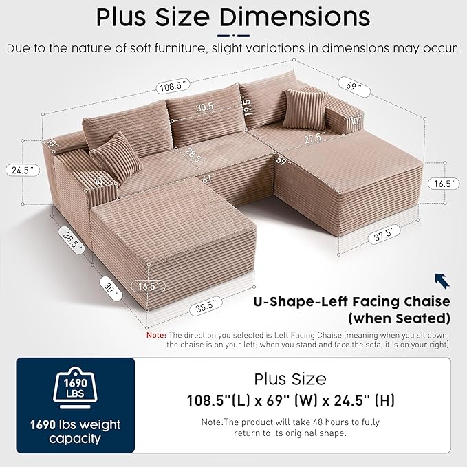 No Assembly Cloud Modular Sectional Sofa，108" U-Shape Corner Couch with Ottoman - Plush Corduroy, Deep Seating, Right Chaise (Camel) | Modern Minimalist Living Room Furniture