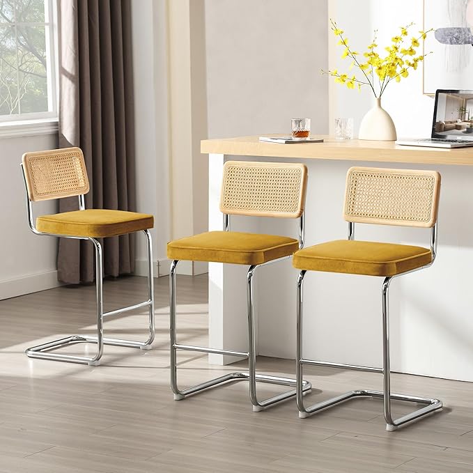 Zesthouse Natural Rattan Counter Stools Set of 3, 26" Mid Century Modern Bar Stools with Solid Wood Frame & Chrome Base, Upholstered Velvet Counter Height Barstools for Kitchen Island, Yellow