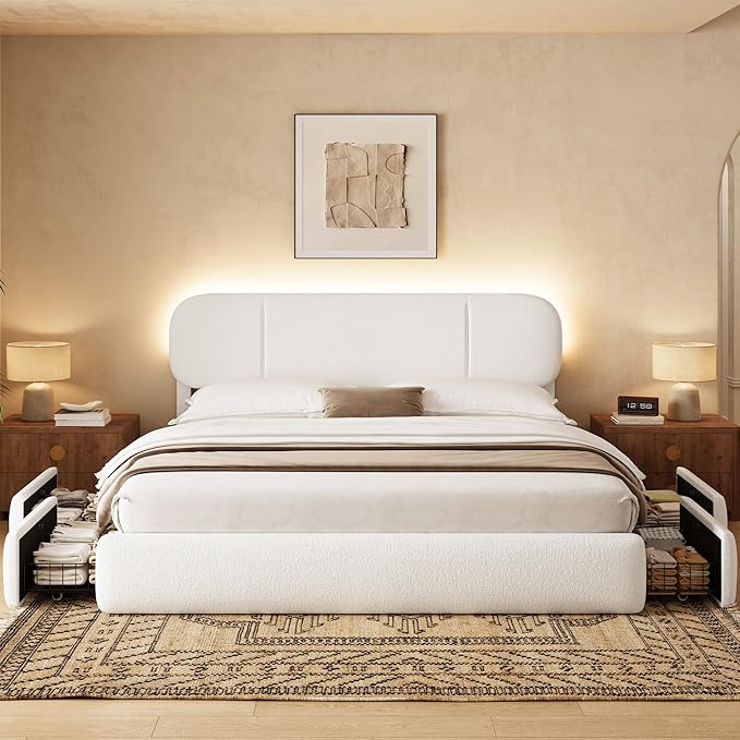 King Size Bed Frame with Storage, Boucle Cloud Bed with 4 Locking Drawers & LED Lights, Modern Upholstered Platform Bed, Plush Sides & Footboard, Adjustable Headboard, No Box Spring, Cream