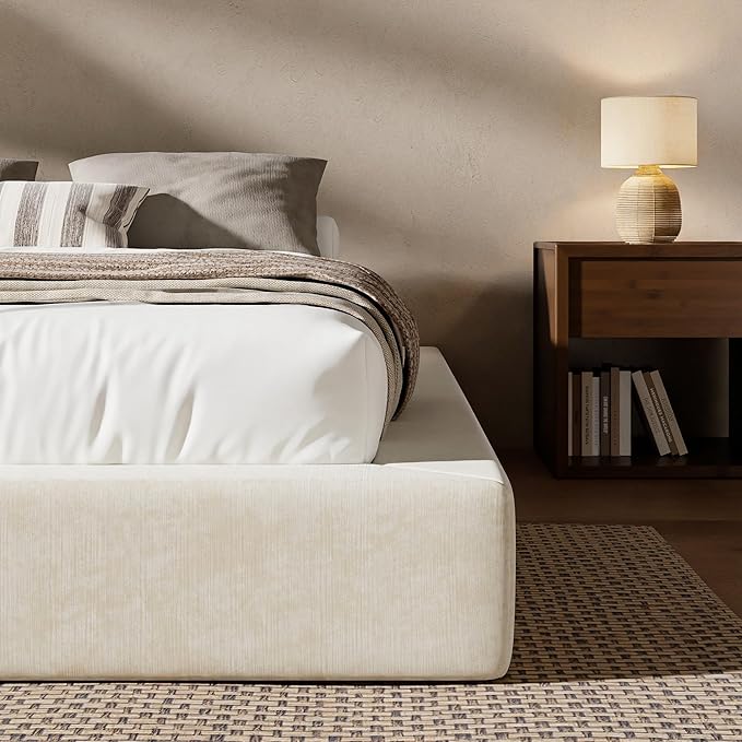 RECCI AirFrame Queen Bed Frame, Cloud Upholstered Platform Bed Frame, 5 Inch Fully Boxy Foam Cushioned, Square Shape Base, No Box Spring Needed, Easy Assembly | Beige Chenille, Soft Low-Profile
