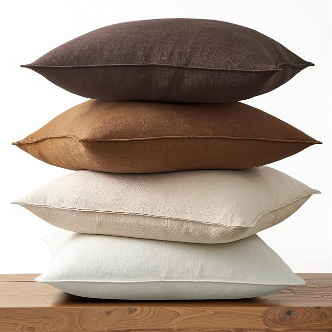 Brown Pillow Covers Pack of 4 Decorative Solid Fall Linen Throw Pillow Covers Soft Accent Boho Farmhouse Couch Pillowcases Modern Home Decor for Living Room Bed Sofa 18x18 Inch