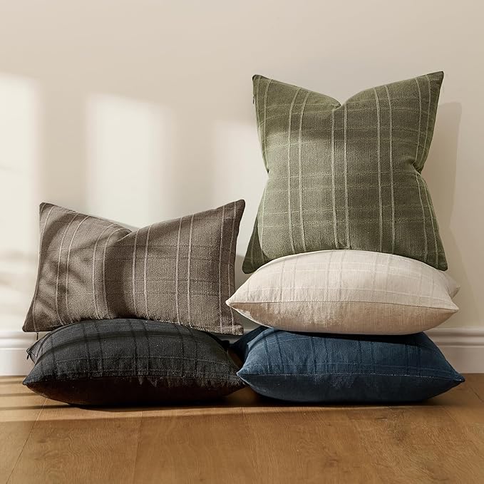 MIULEE Decorative Linen Check Throw Pillow Covers Neutral Farmhouse Vintage Spring Pillow Covers 20x20 Set of 2 Boho Modern Home Decor for Sofa Couch Bedroom Cushion Sage Green