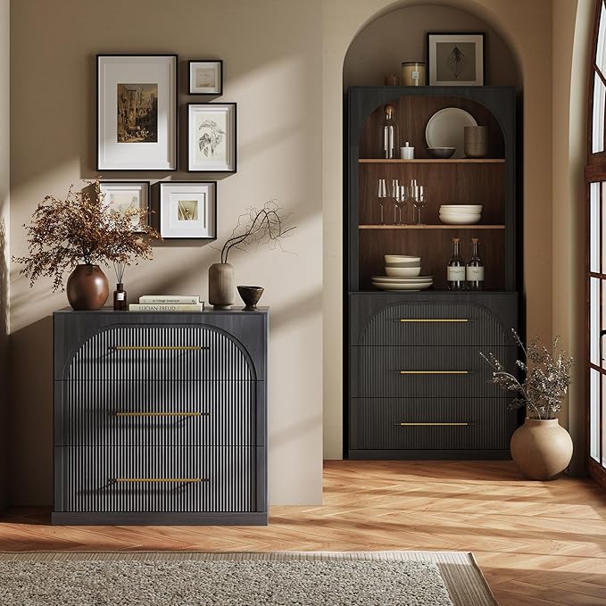 BELLEZE Fluted Modular Sideboard Cabinet, Classic Modern Buffet Cabinet with 3 Drawers, Accent Credenza Storage Cabinet for Dining Room Living Room Entryway (Ebony)