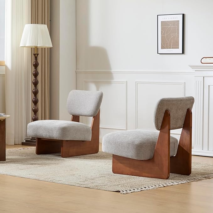Christopher Knight Home Mores Low Profile Accent Chair Set of 2, Modern Living Room Armless Lounge Chair, Fabric Comfy Reading Chair for Bedroom, Wooden Frame and Thick Padded Seat, Walnut+Gray