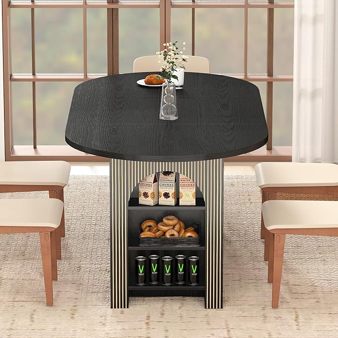 weselon 70.8" Oval Dining Table with Dual Side Storage Shelves, Wooden Table for 4–6 People, Modern Farmhouse Round Dinner Table for Kitchen, Reception, or Living Room (Black, Table Only)