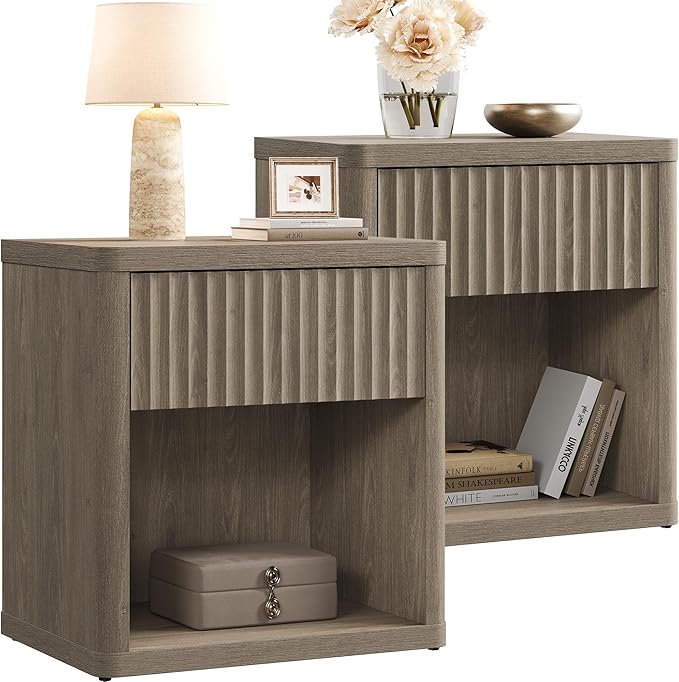 SICOTAS Night Stand Set of 2 Nightstands with Drawer Storage Fluted Bed Side Table End Table Large Modern Wide Bedside Stand Mid Century Night Stands for Bedroom Living Room Sofa Office, Grey Alder