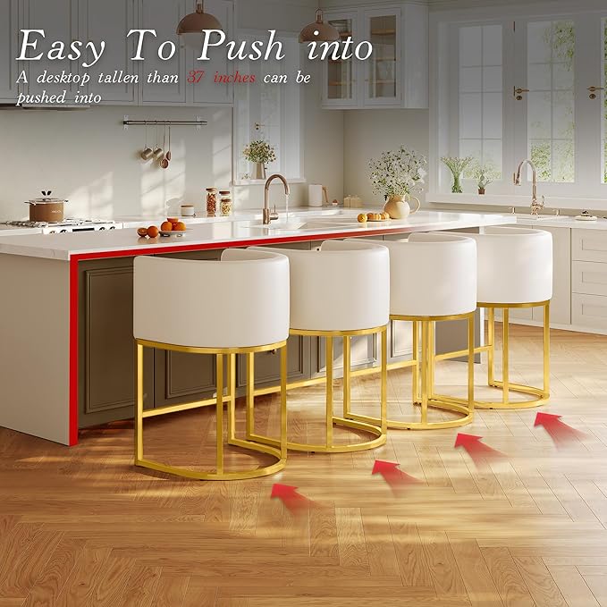 Modern Counter Height Bar Stools,Bar Stools Set of 4,PU Leather Upholstered Barrel Barstools with Backs,26'' Kitchen Island Chairs,Metal Gold Frames,Beige White Leather