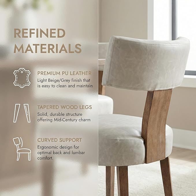 HNY Mid Century Modern Dining Chairs Set of 4, Farmhouse PU Leather Upholstered Accent Chair Curved Backrest Kitchen Chairs, with Hardwood Frame, Grey