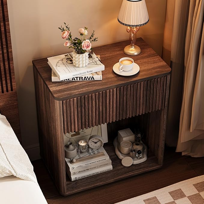 Modern Fluted Nightstand Set of 2 for Bedroom, Mid Century Bedside Table with Drawer & Open Shelf, Wood End Table, Farmhouse Night Stand for Home, Hallway, Office, Walnut