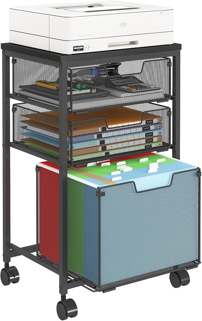 Sbanmao Rolling File Cart with 3 Drawers, Filing Cabinet, Hanging Folder Holder Organizer with Wheels, Under Desk Storage Utility Cart, File Cabinet Printer Stand for Home Office, Black