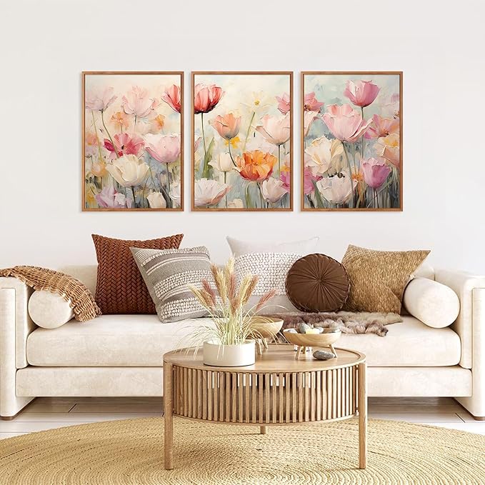 HPNIUB Large Nature Wildflowers Framed Wall Art Pink Floral Canvas Oil Painting Modern Aesthetic Wall Decor Abstract Flower Artwork for Living Room Bedroom Decor(Set of 3,12X16 Inch)
