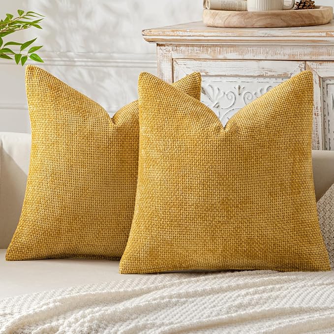 MIULEE Pack of 2 Gold Throw Pillow Covers 18x18 Inch Mustard Yellow Summer Modern Boho Accent Decorative Pillow Covers Soft Chenille Farmhouse Cushion Covers for Home Decor Couch Bed Sofa Living Room