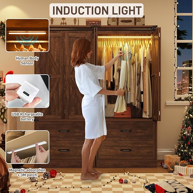 Farmhouse 2 Doors Armoire Wardrobe Closet w/ Folding Sliding Barn Door and Lights, LED Armoire Closet w/Drawers for Bedroom, Freestanding Wooden Wardrobe Storage Closet w/Hanging Rod,Rustic Brown