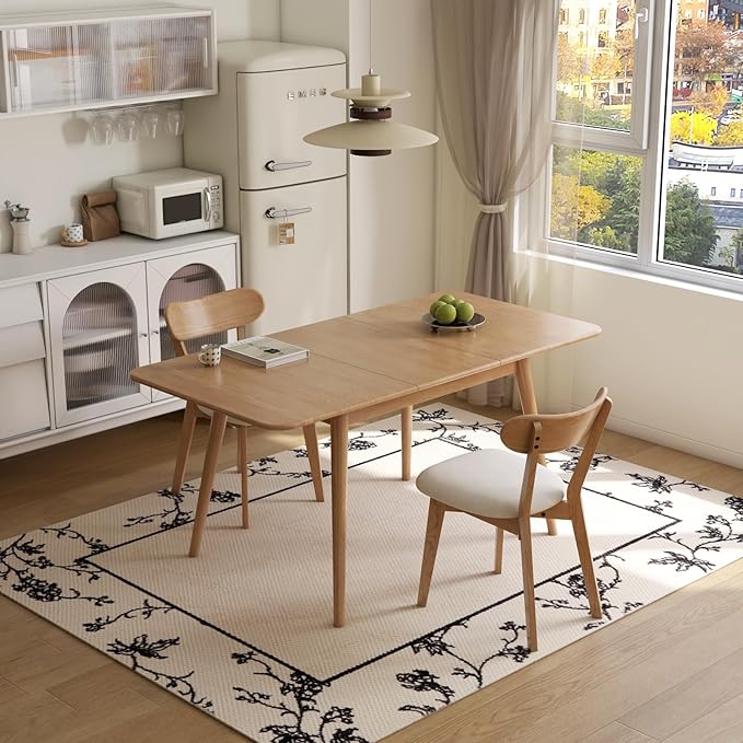 47’’-63’’ 100% Oak Extendable Dining Table and Chairs Set for 2, Solid Wood Folding Kitchen Table, Mid Century Modern Dinner Table for Kitchen, Living Room, Natural (47''-63''+2 Cushion Chairs-YB)