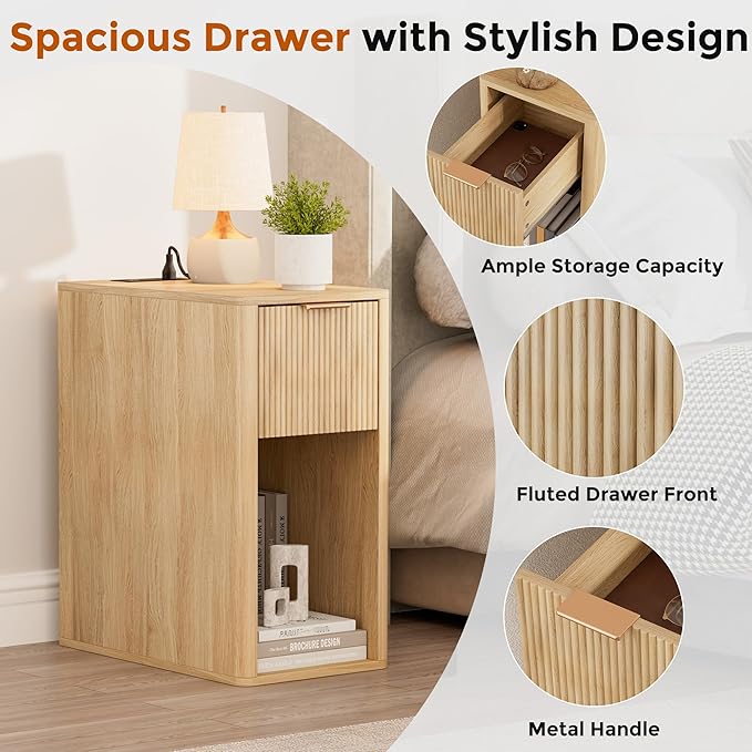 Homleke Narrow End Table with Fluted Drawer and Charging Station, Small Nightstand with USB Ports & Outlets, Bedside Table for Bedroom or Living Room, Modern Accent Table, Natural