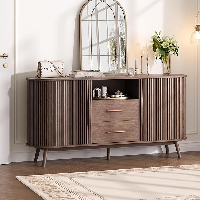 JOINICE 63" Fluted Storage Cabinet for Living Room,Mid-Century Modern Sideboard with Sliding Doors, Walnut Buffet Cabinet with Drawers & Solid Wood Legs, Large Accent Credenza for Home, Dining Room
