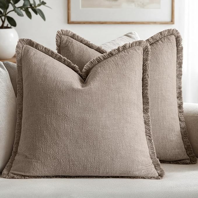 MIULEE Decorative Throw Pillow Covers Neutral Linen Fringe Throw Pillows Set of 2 Dune Boho Farmhouse Cushion Covers with Tassels for Couch Sofa Bed Living Room Spring Decor 18x18 Inch