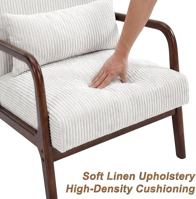 Set of 2 Mid Century Modern Accent Chair with Solid Rubberwood Frame, Comfy Corduroy Reading Armchair with Lumbar Pillow, Compact Lounge Chair for Bedroom, Living Room & Small Spaces