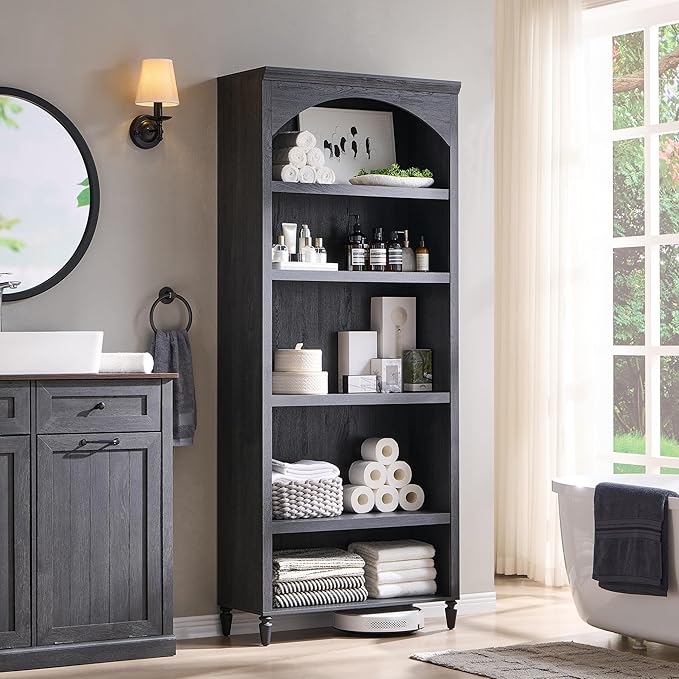 IFGET 76" Tall Arched Bookcase, Farmhouse 5 Tiers Large Arched Bookshelf Cabinet with Adjustable Shelves, Modern Wooden Book Shelf w/Storage and Open Display Shelves for Living Room, Office-Dark Grey