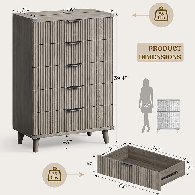 Lulive Dresser for Bedroom Wood Tall Dressers Drawers, Fluted Modern Dresser 5 Drawers (Dark Grey Oak)