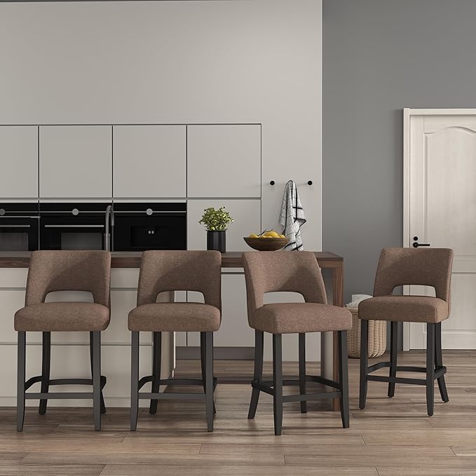 VKNOW Bar Stools Set of 4, 26" Upholstered Counter Height Bar Stools, Modern Counter Stools with Black Legs for Kitchen Island Dining Room Bar, Brown-Black Legs