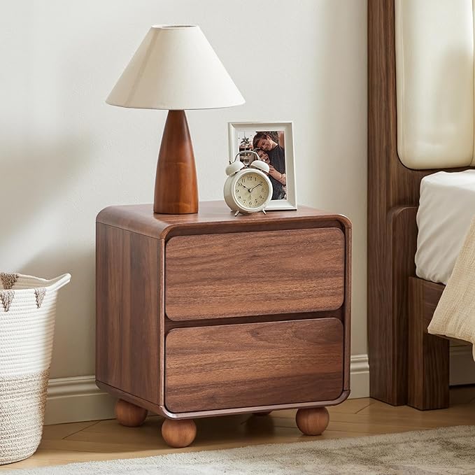 Small Night Stand Set of 2, Mid Century Modern Nightstands with 2 Drawers and Solid Wood Legs, 2 Drawer Dresser Curved Profile Design End Table Side Table for Small Space, Dorm, Bedroom(Walnut)