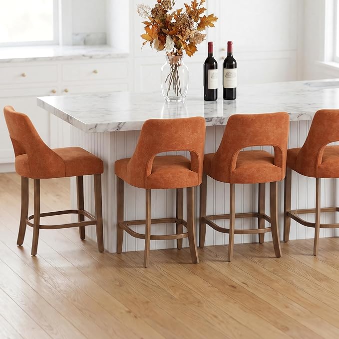 UVV Bar Stools Set of 4, Upholstered Counter Height Bar Stools, Modern Counter Stools with Wood Legs for Kitchen Island Dining Room Bar, Orange