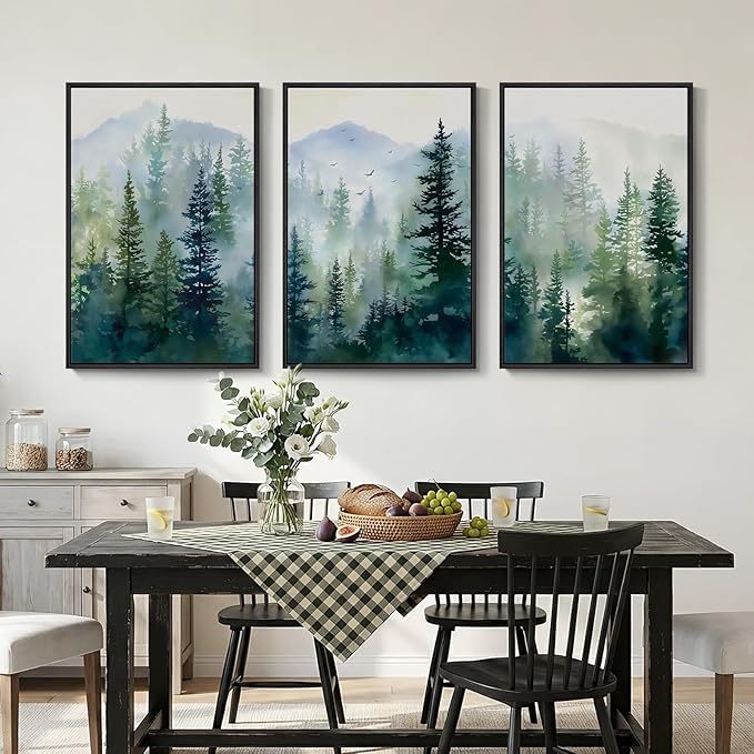 Large Framed Green Forest Landscape Wall Art for Living Room, 3 Piece Pine Tree Foggy Mountain Watercolor Canvas Artwork for Walls, Nature Scenic Modern Wall Decor for Dining Room Hallway, 24x36 Inch