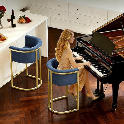 26" Modern Counter Height Bar Stools,Accent Barstools with Arms,Kitchen Island Chairs,PU Leather Upholstered Barrel Bar stools with Backs,Mirror Champagne Gold Base/Blue Linen