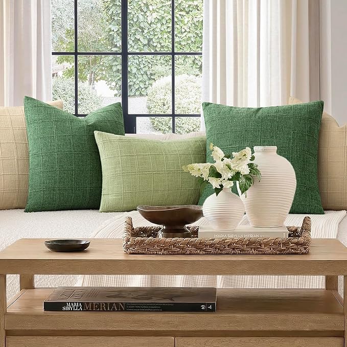 Foindtower Set of 2 Decorative Linen Check Throw Pillow Covers Neutral Farmhouse Lumbar Cushion Covers Modern Boho Accent Home Decor for Sofa Chair Couch Bedroom Living Room,12×20 Inch,Forest Green