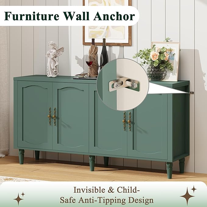 fineway 63" Sideboard Buffet Cabinet, Mid Century Modern Credenza Storage Cabinet with Carved Handle & Adjustable Shelves, Buffet Table Kitchen Coffee Bar for Living Room Dining Room - Green