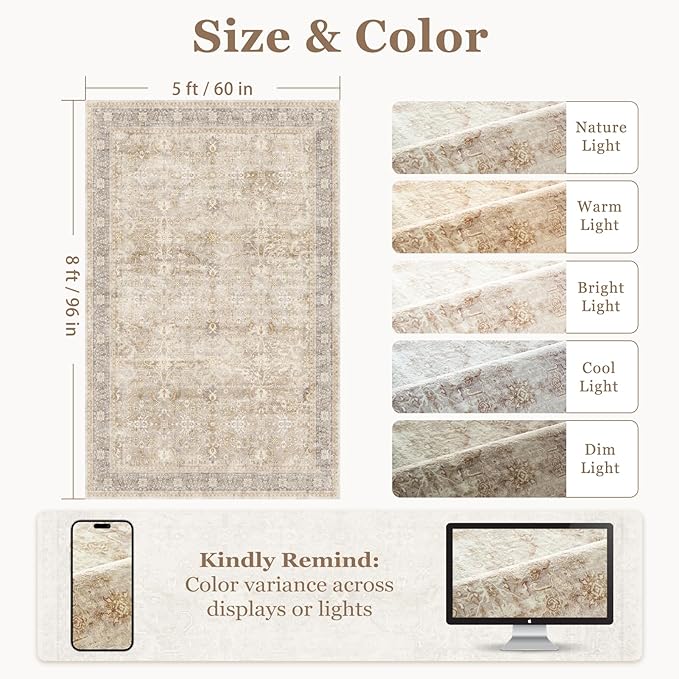 Washable Neutral 5x8 Area Rugs, Vintage Farmhouse Earth Tone Beige Taupe Carpet for Living Room Bedroom, Low Pile Thin Rug with Non Slip Rubber Backing for Dining Room Nursery Home Office