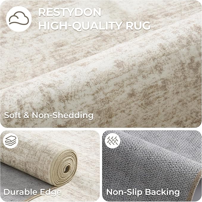 4x10 Runner Rug, Washable Hallway Runner Rug with Non-Slip Backing, Low Pile Wide Runner for Living Room, Entryway, Kitchen, Soft Modern Home Decor Mat for Dining Room(4'x10', Beige/Ivory)