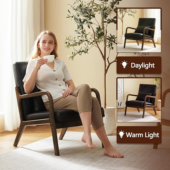 Achicsofar Accent Chair Mid Century Modern Armchair with Lumbar Support Pillow Wood Legs PU Leather Upholstered Lounge Chairs Comfy High Back Cushion for Living Room Bedroom