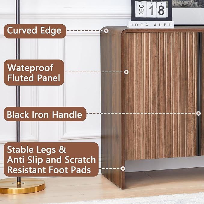 Bifins 31.5” Fluted Sideboard Buffet Cabinet with Storage,Mid Century Modern Small Wood Storage Cabinet with Arched Profile for Dining Room Kitchen Living Room (Brown 1pc)