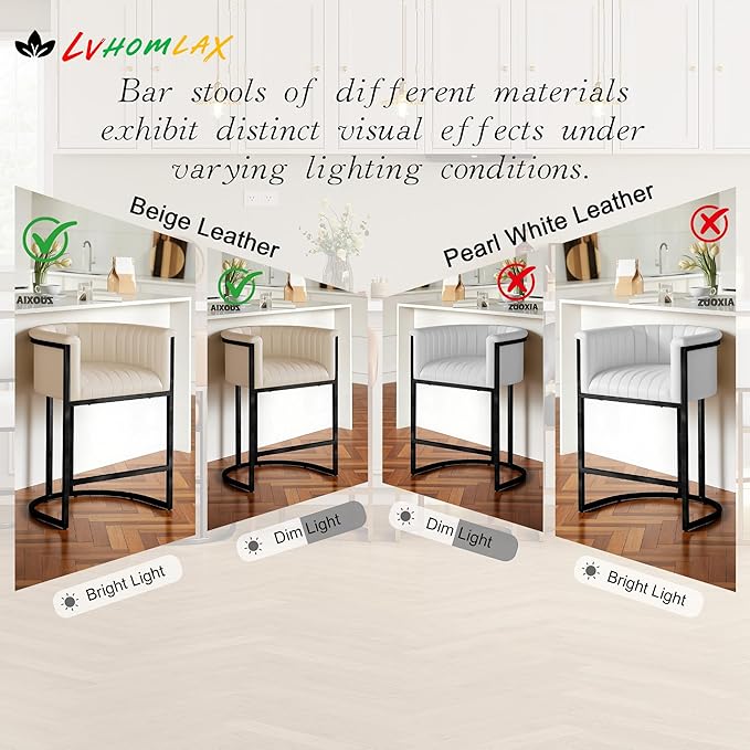 Modern Counter Height Bar Stools,Bar Stools Set of 3,PU Leather Upholstered Barrel Barstools with Backs and Arms,26'' Kitchen Island Chairs,Metal Black Frames,Beige White