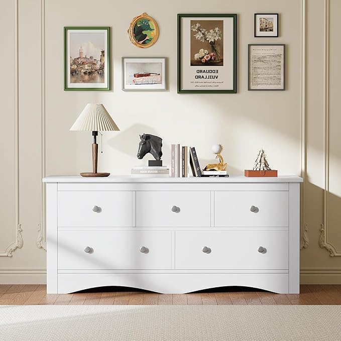 Furmax 5 Dresser for Bedroom, Wood Dresser, Chest of Drawers, for TV up to 65 inch, TV Stand Storage Chest of Drawers for Hallway, Entryway, Living Room (White)