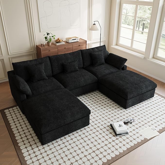 119" U Shape Cloud Modular Couches for Living Room, Modern Sectional Sofa with Chaise Ottomans, Deep Seat Couch Cushion Covers Washable&Removable, Sectional Sofas for Home Office Apartment (Black)