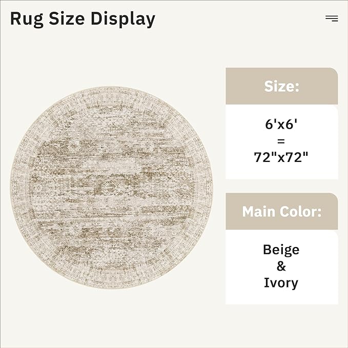 Soalmost 6x6 Brown Round Rug 6ft Living Room Circle Rug Vintage Round Area Rug Non Slip Indoor Carpet for Dining Room Bedroom