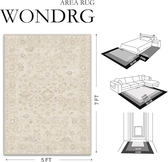 5x7 Beige Washable Area Rug for Living Room Bedroom Neutral Soft Floral Non Slip Large Throw Rug Lightweight Vintage Low Pile Distressed Carpet Office Playroom Dinning Laundry Room