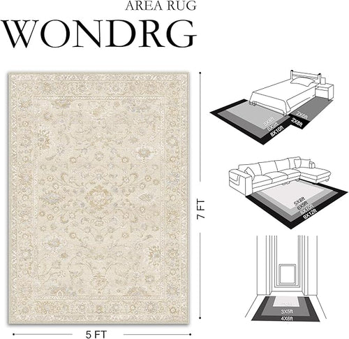 8x10 Beige Washable Area Rug for Living Room Bedroom Neutral Soft Floral Non Slip Large Throw Rug Lightweight Vintage Low Pile Distressed Carpet Office Playroom Dining Room Home Decor