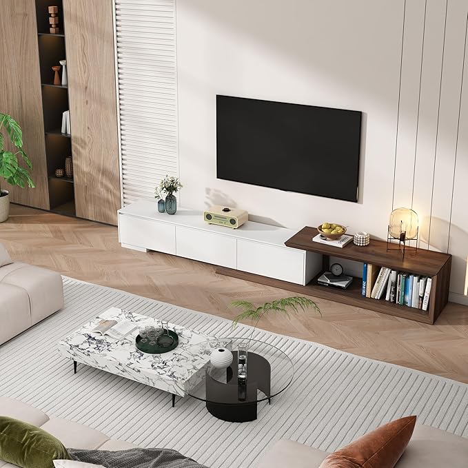 chartustriable Extendable TV Stand with 3 Drawers, Modern Minimalist Entertainment Center, Reversible Long TV Media Console, Bevel Design, 82-107.3 Inch, White & Walnut
