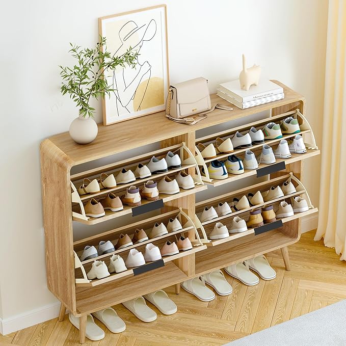FurSch 47" Fluted Large Shoe Cabinet with 4 Flip Drawers, Slim Freestanding Shoe Cabinet Organizer, Narrow Shoes Storage Rack for Entryway, 5 Sturdy Legs (All Natural, 9.45" D x 47.24" W x 35.83" H)