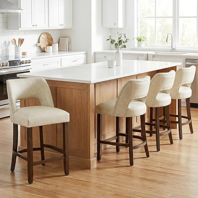 VKNOW 26" Bar Stools Set of 4, Faux Leather Counter Height Bar Stools with Backrest and Rubberwood Legs, Upholstered Barstools for Kitchen Island, Bar and Dining Room, Beige