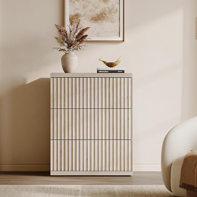 SICOTAS Modern Sideboard Buffet Cabinet, Fluted Credenza Storage Cabinet with 3 Larger Drawers, Mid Century Media Console Coffee Bar Table for Dining Room Hallway Kitchen, White Alder