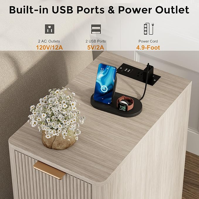 Homleke Narrow End Table with Fluted Drawer and Charging Station, Small Nightstand with USB Ports & Outlets, Bedside Table for Bedroom or Living Room, Modern Accent Table, Light Gray Birch