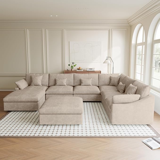 Modular Sectional Sofa Cloud Couch, Oversized 8 Seater Sofa with Ottomans, Extra Large U Shaped Deep Seat Sectional Couches for Living Room, Khaki Sofa Covers Washable&Removable