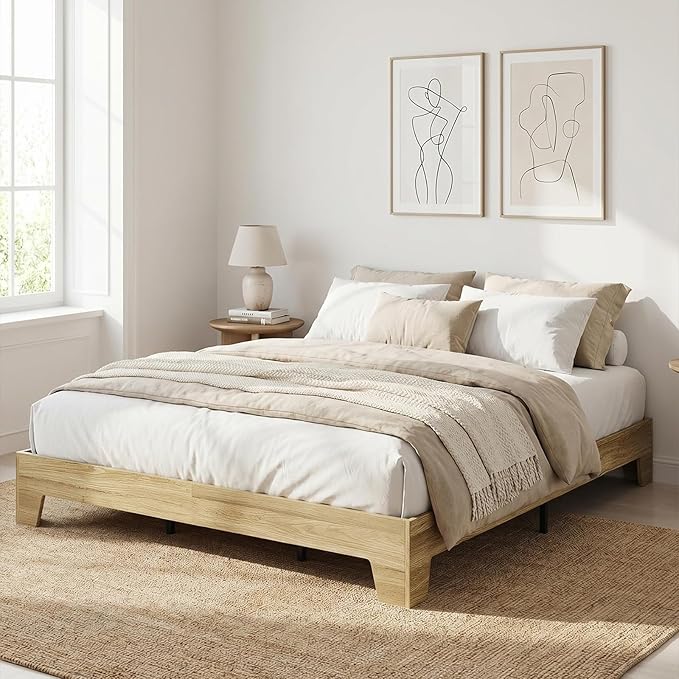 GarveeHome Full Size Platform Bed Frame, Minimalist Wood Bed Frame No Headboard Needed, Sturdy Low Profile Bed with Natural Wood Grain, Noise-Free & Easy Assembly
