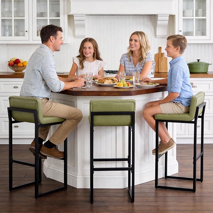 FIRAVOE Bar Stools Set of 3, Modern Tall Counter Height Barstools with Back and Thickened Metal Legs, 30" Faux Leather Bar Chairs for Kitchen Island, Bar, Counter (Avocado Green, 3Pcs 30" Bar Stools)